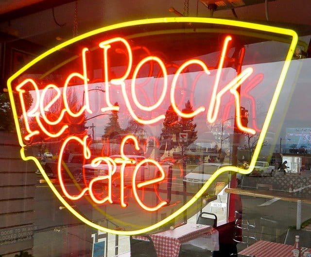 Red Rock Cafe's neon sign signals customers to their restaurant in Napa Valley CA